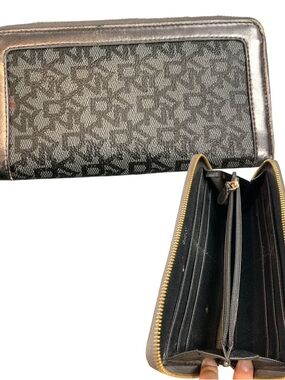 DKNY Black Logo Zip-Around Continental Wallet with Gold Trim